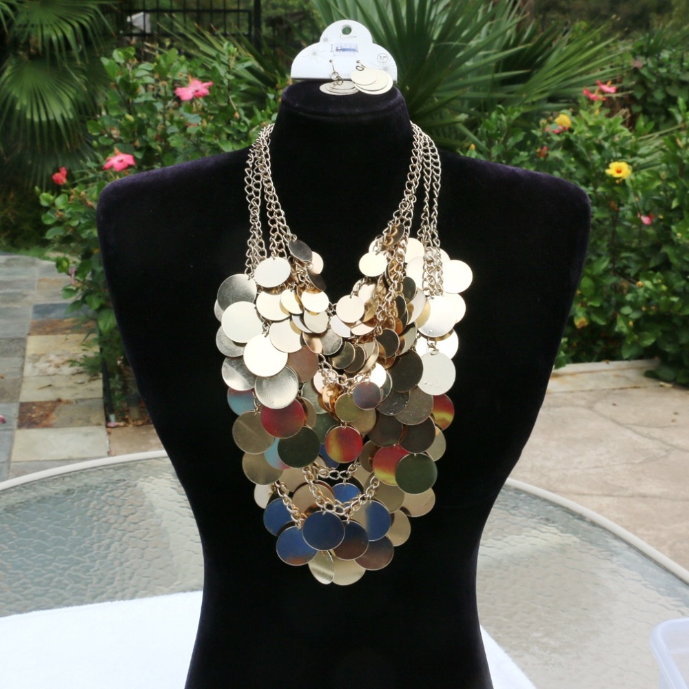 Huge Boho Gypsy Necklace Set Coin Runway Goldtone